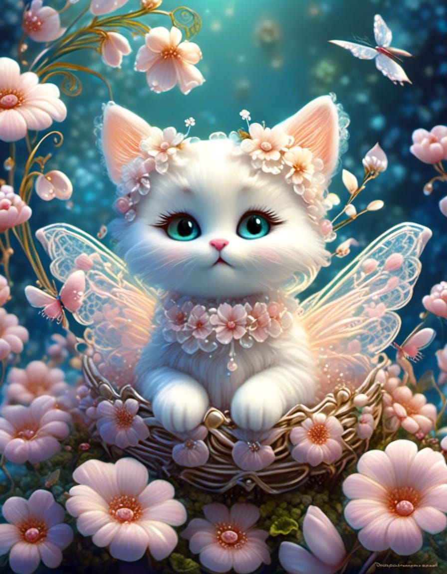 Adorable Fairy Cat with Lace Wings in 3D
