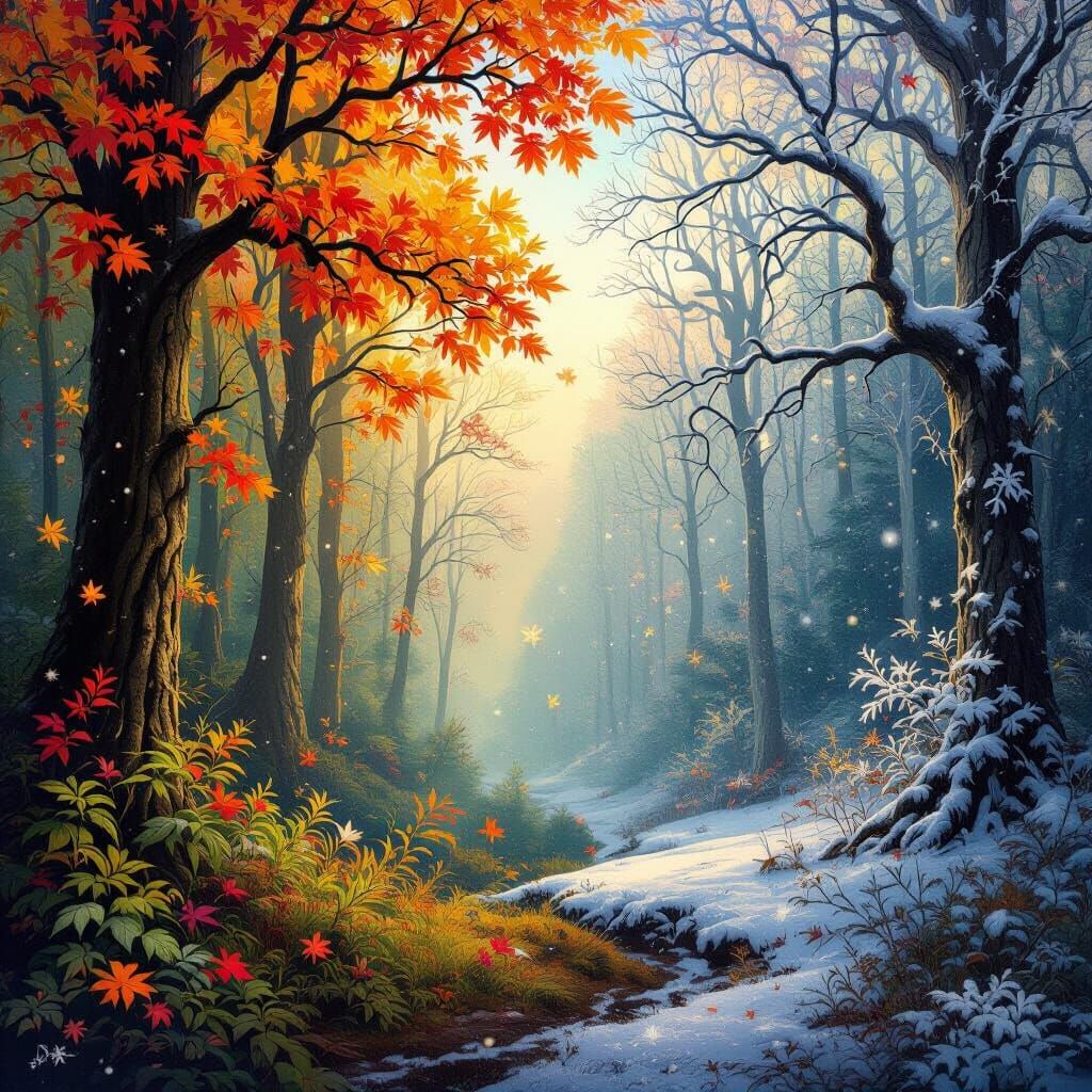 Harmonious Spring and Winter Forest in Astral Illustration