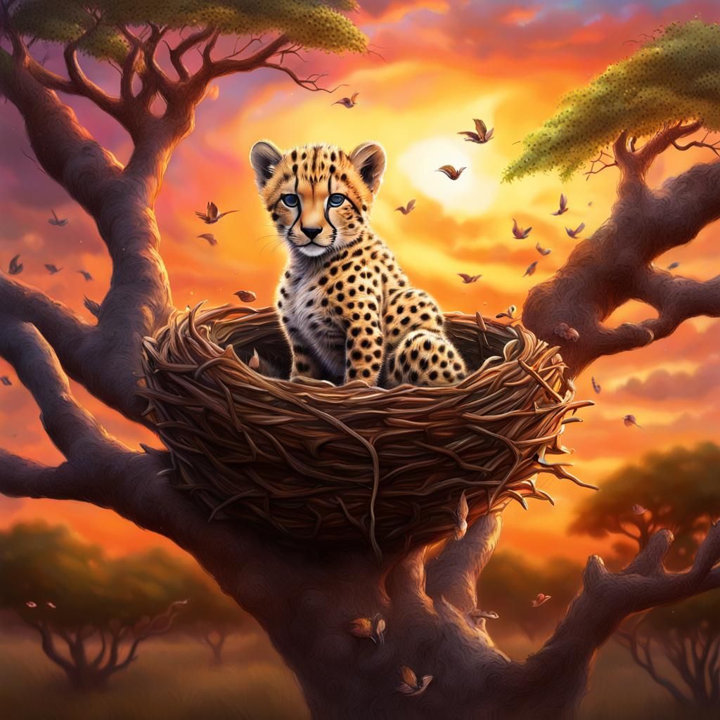 Miniature Cheetah in Bird's Nest, Hyperrealistic Splash Art