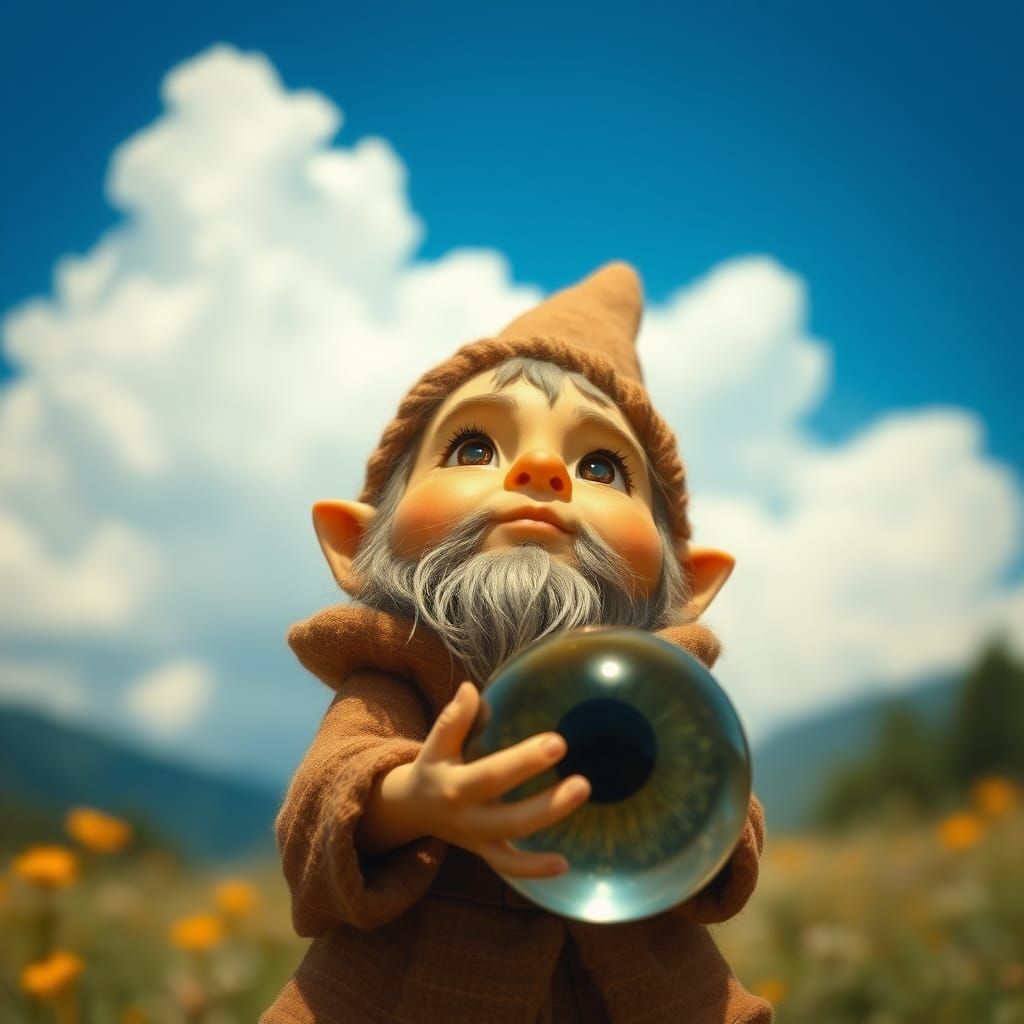 Gnome Gazing at Sky Reflection in Bird's Eye