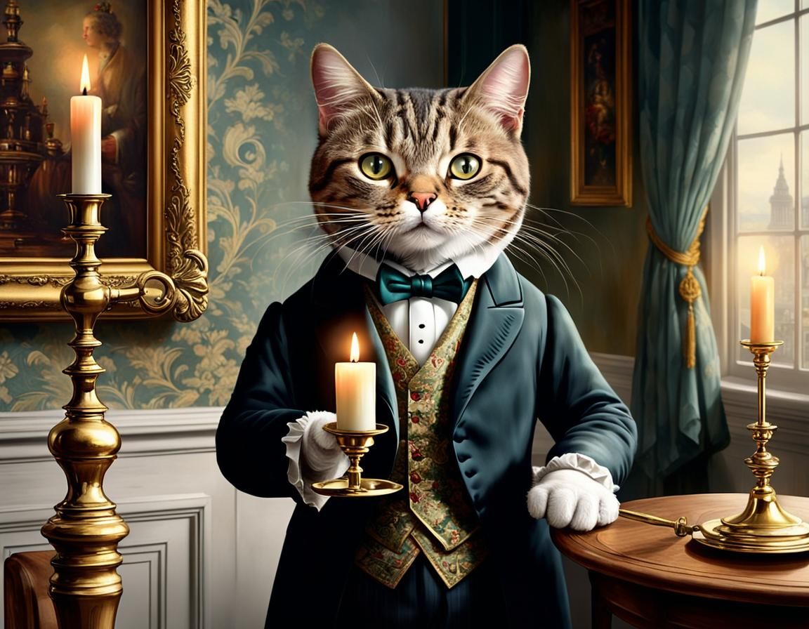Victorian Cat Butler with Candlestick