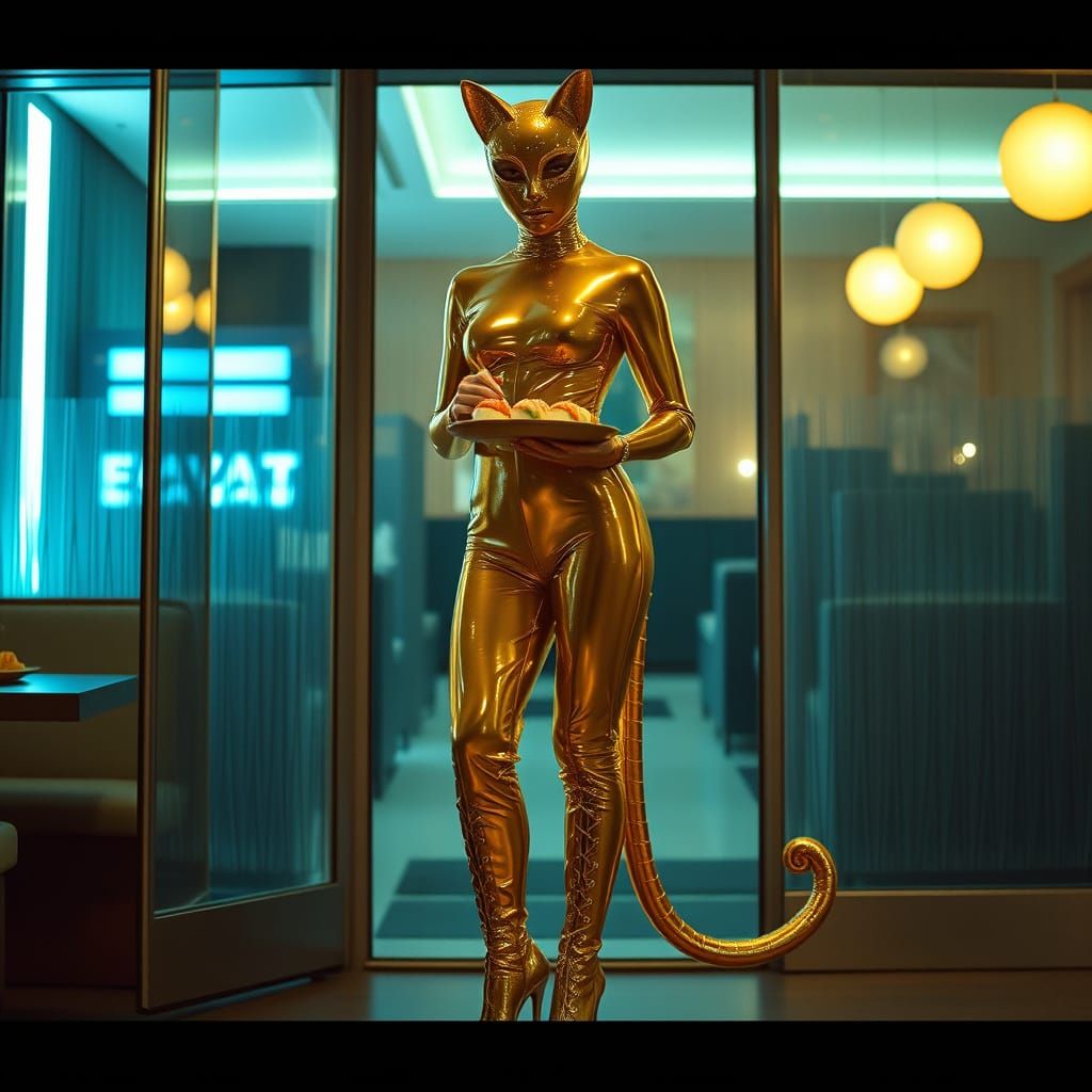 Luxurious Feline Sushi Server in Gold Latex Catsuit
