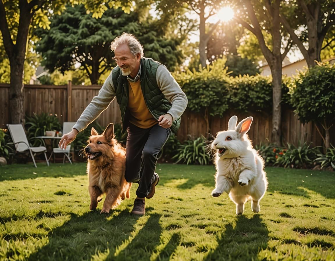 Man, Dog, and Rabbit Play in Sunny Backyard