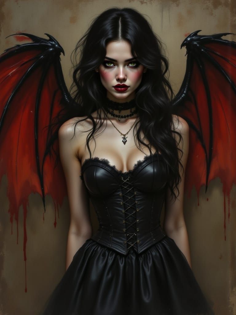 Ethereal Dark Angel in Crimson Wings and Gothic Attire