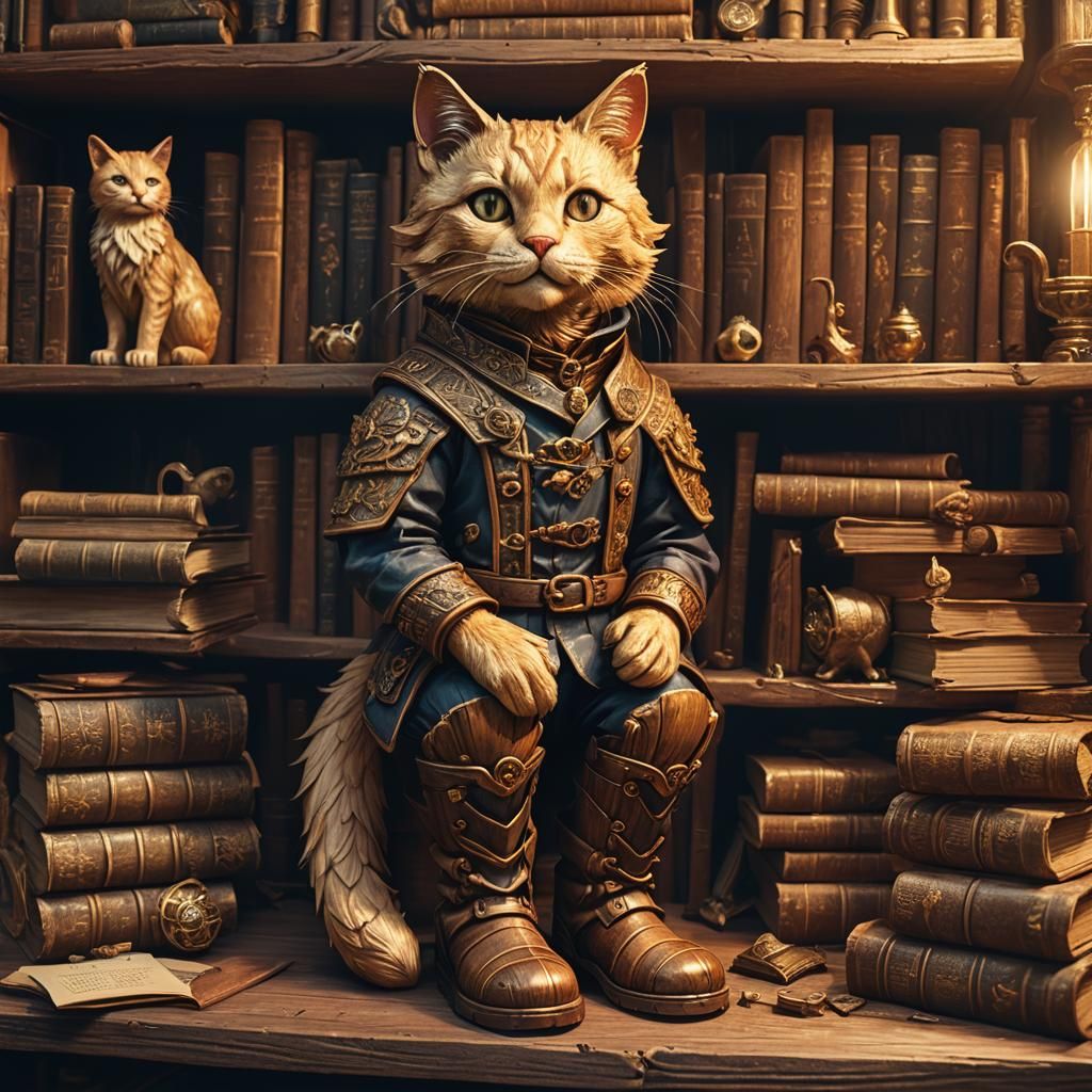 Wooden Cat in Boots on Bookshelf: Fantasy Art