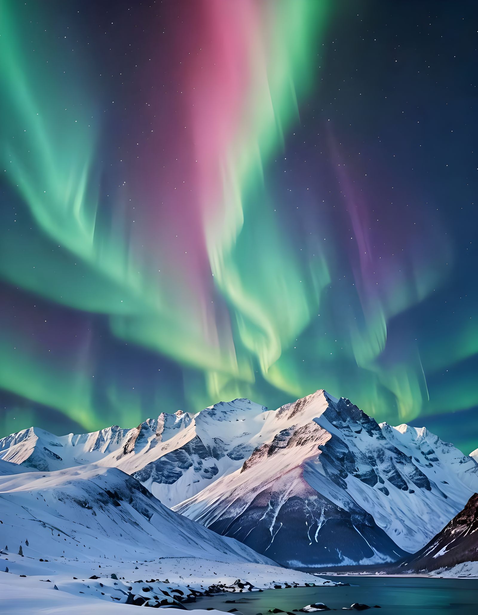 Colorful Northern Lights Over Snowy Mountains