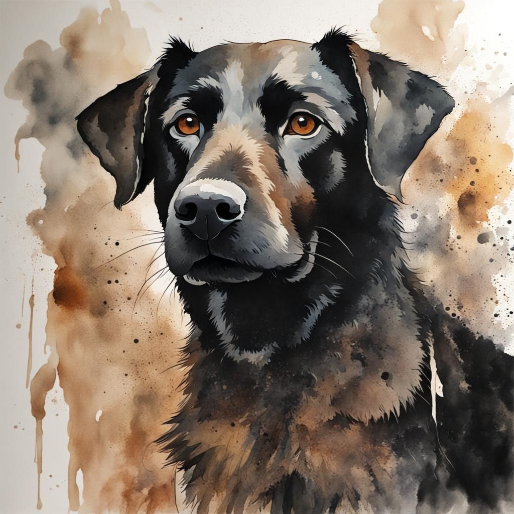 Watercolor Portrait of a Black Dog with Brown Eyes