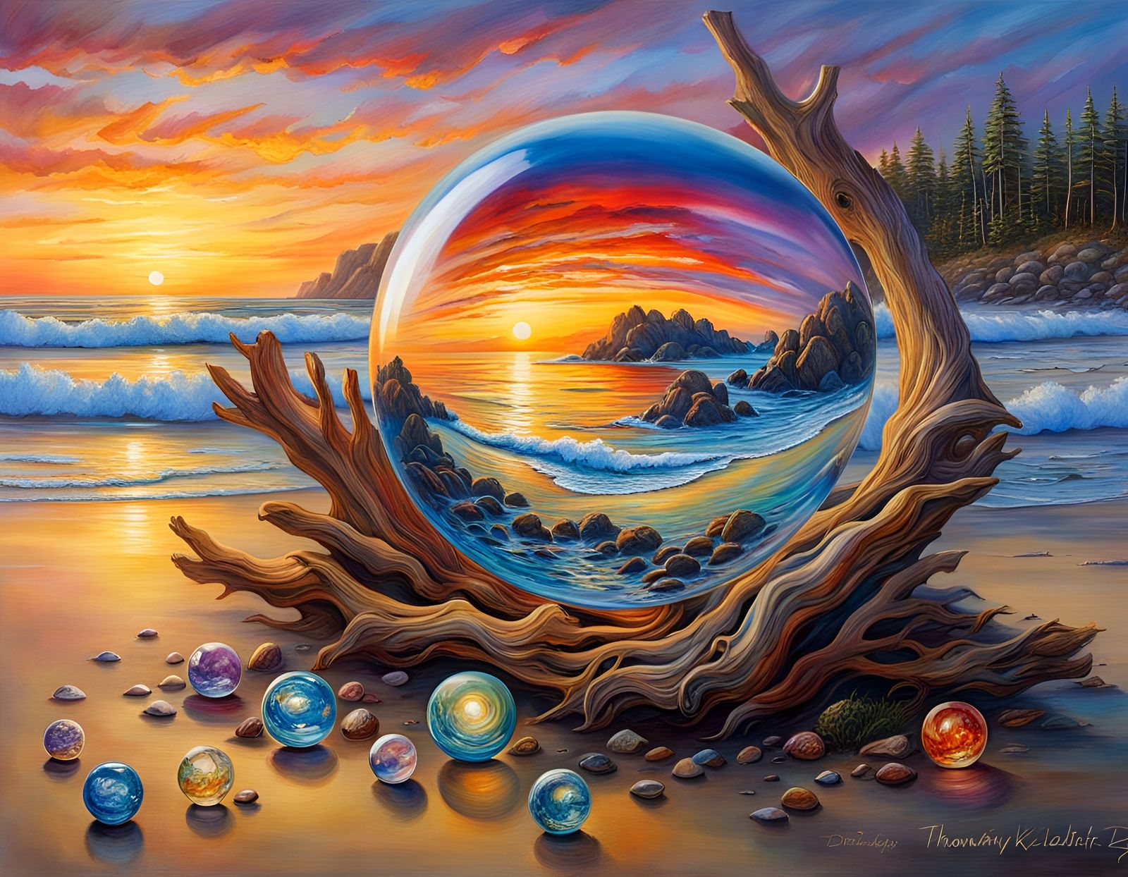 Polychromatic Glass Ball on Driftwood Beach at Sunset