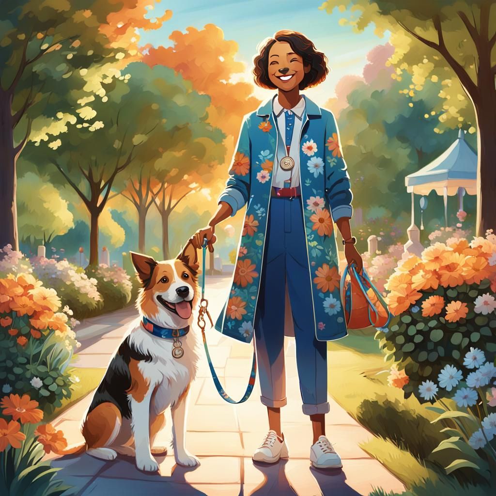 Whimsical Pet Sitter Scene in Sunny Park Landscape
