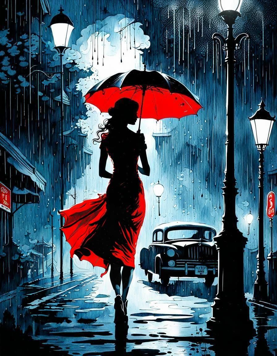 Film Noir Woman in Red Under Streetlight