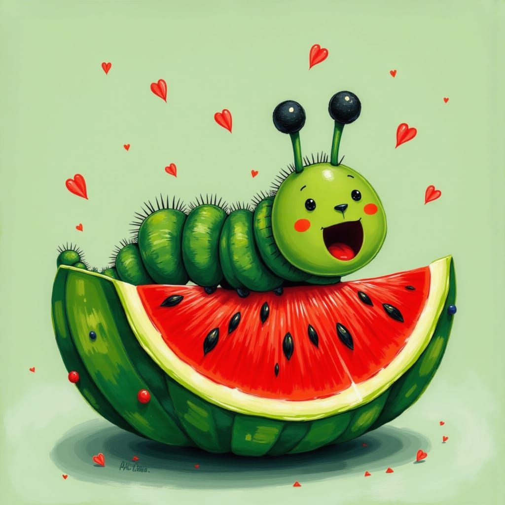 Happy Caterpillar Eating Watermelon Illustration
