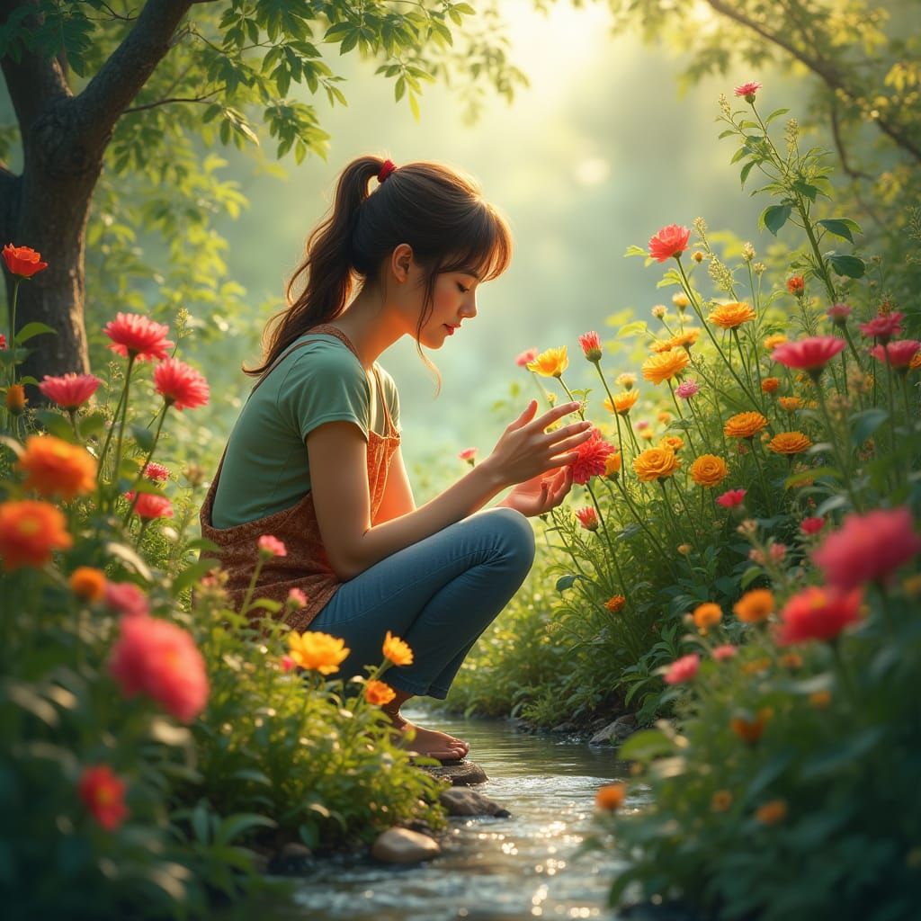 Woman Gardening in Lush Botanical Setting