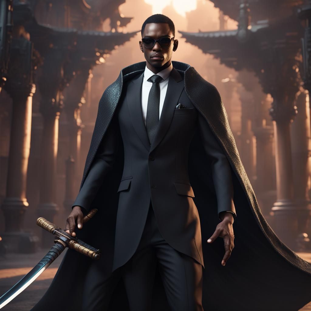 Black Suited Man with Katana: Fantasy Concept Art