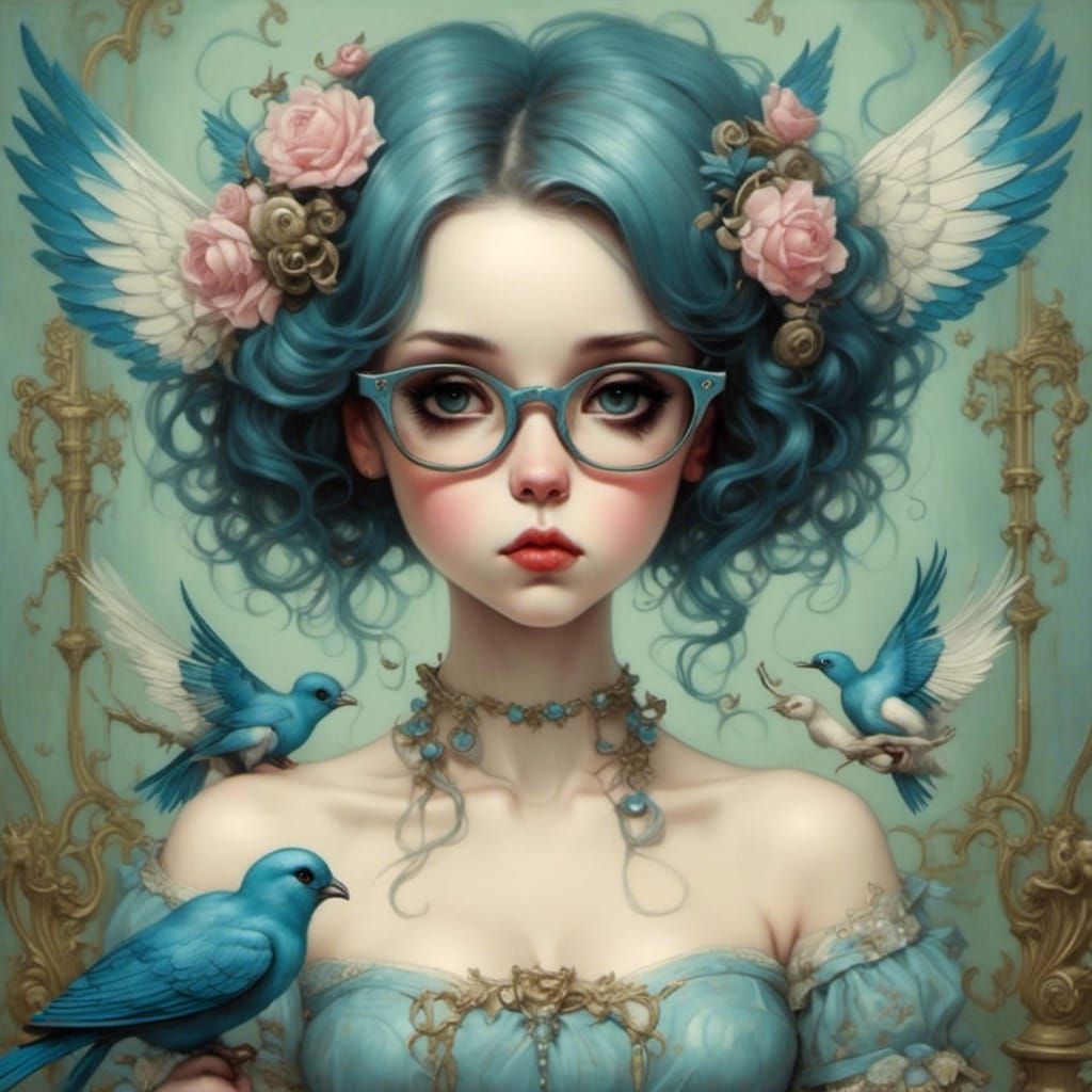 Celestial Blue Birds in Pop Surrealist Style