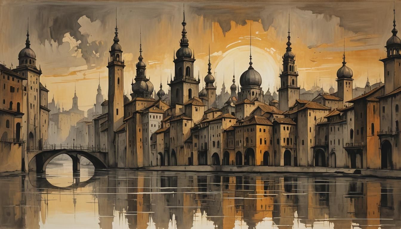 City Reflected: Chiaroscuro Sketch in Brown and Gray