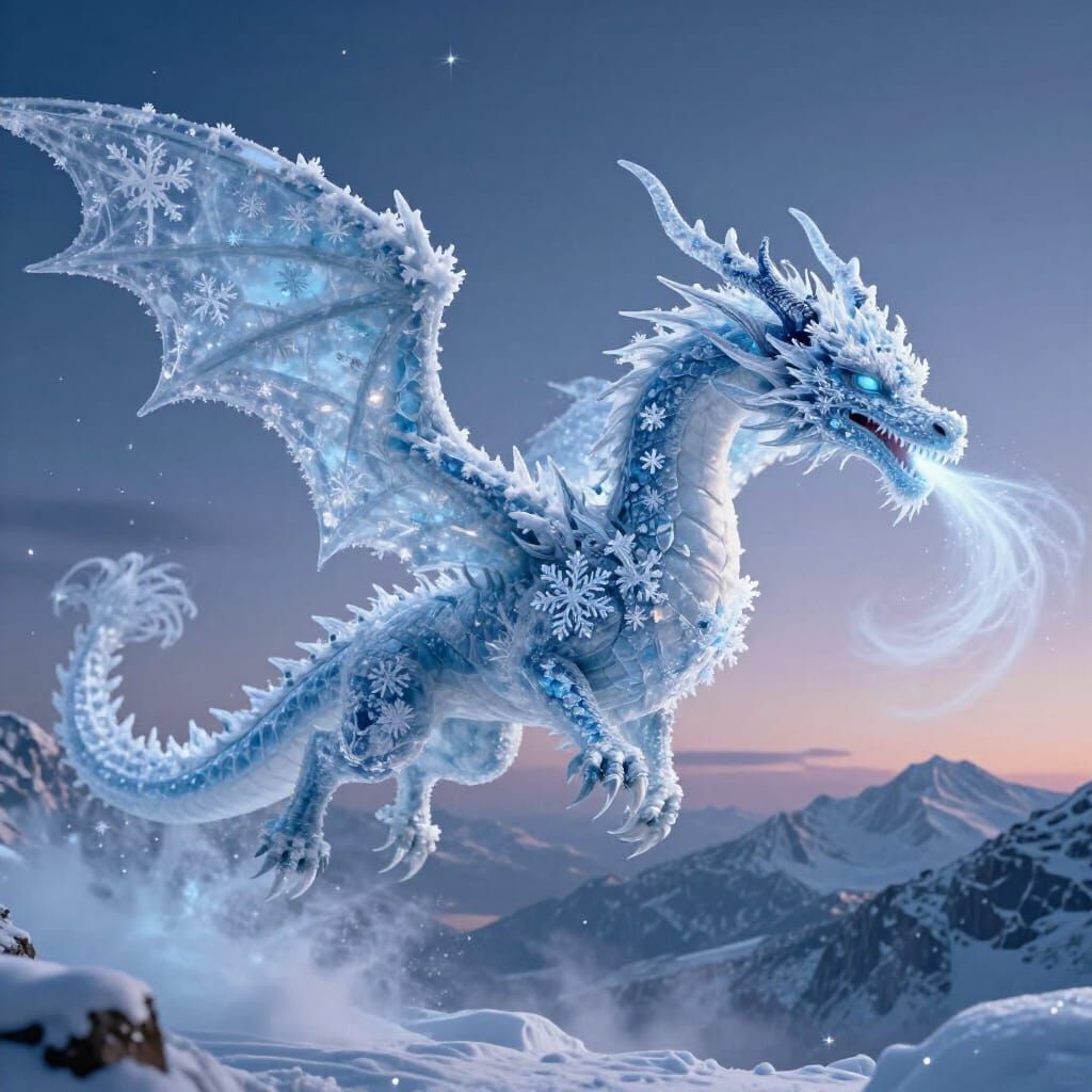 Majestic Ice Dragon Soaring in Twilight Sky
