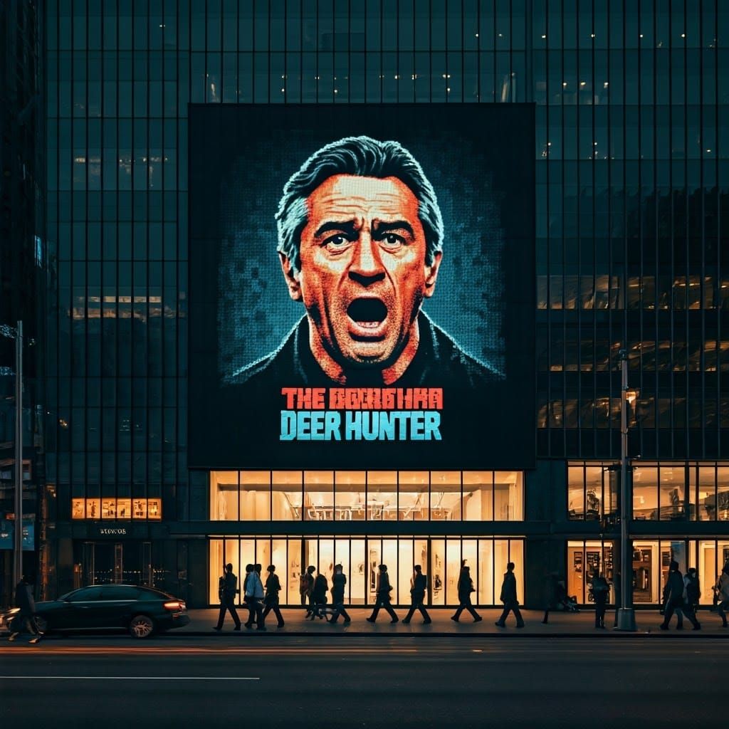 Pixelated Deer Hunter Poster on Skyscraper