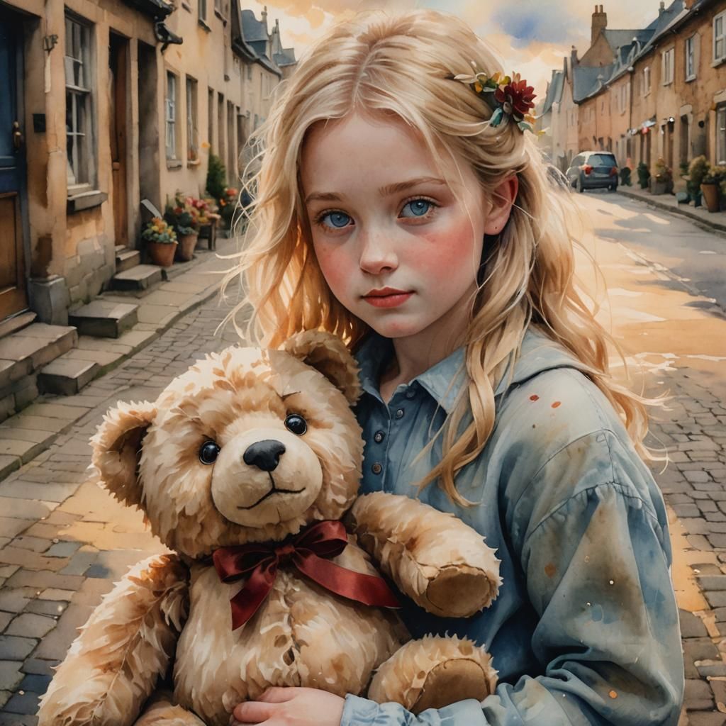 Blonde Girl with Teddy Bear: Watercolor Impressionism