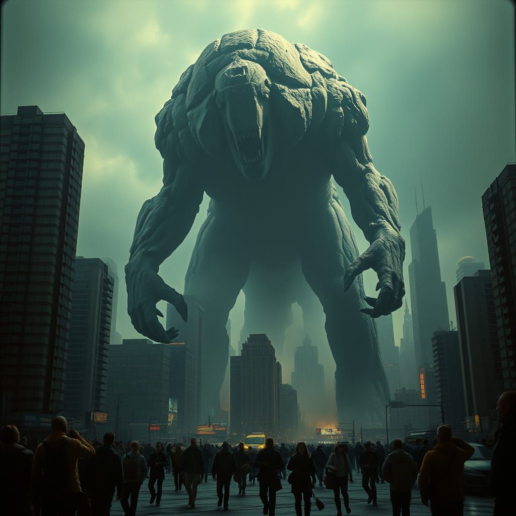 Colossal Earth Giant Towers Over Cityscape in Dark, Gritty F...