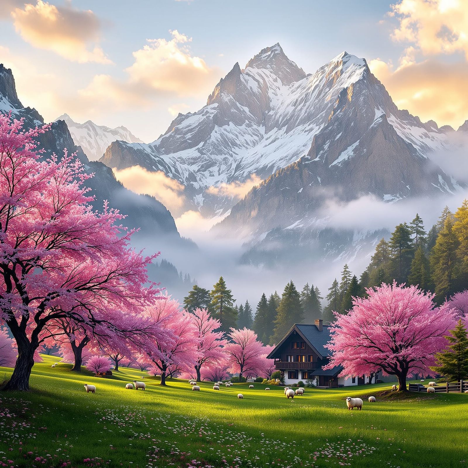 Swiss Alps Sunrise: Pink Blossoms & Snowy Peaks