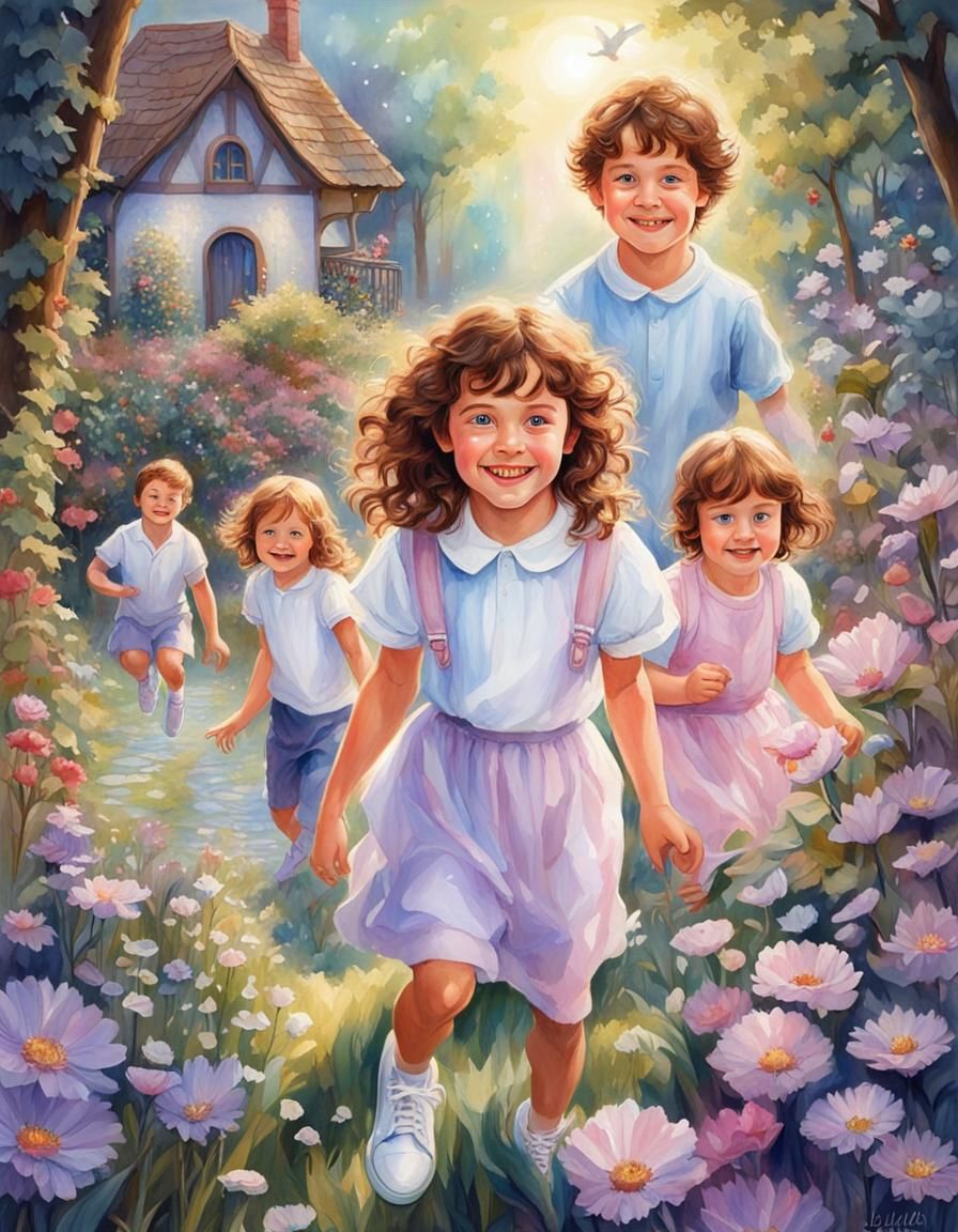 Children in Fairytale Forest, Watercolor Painting