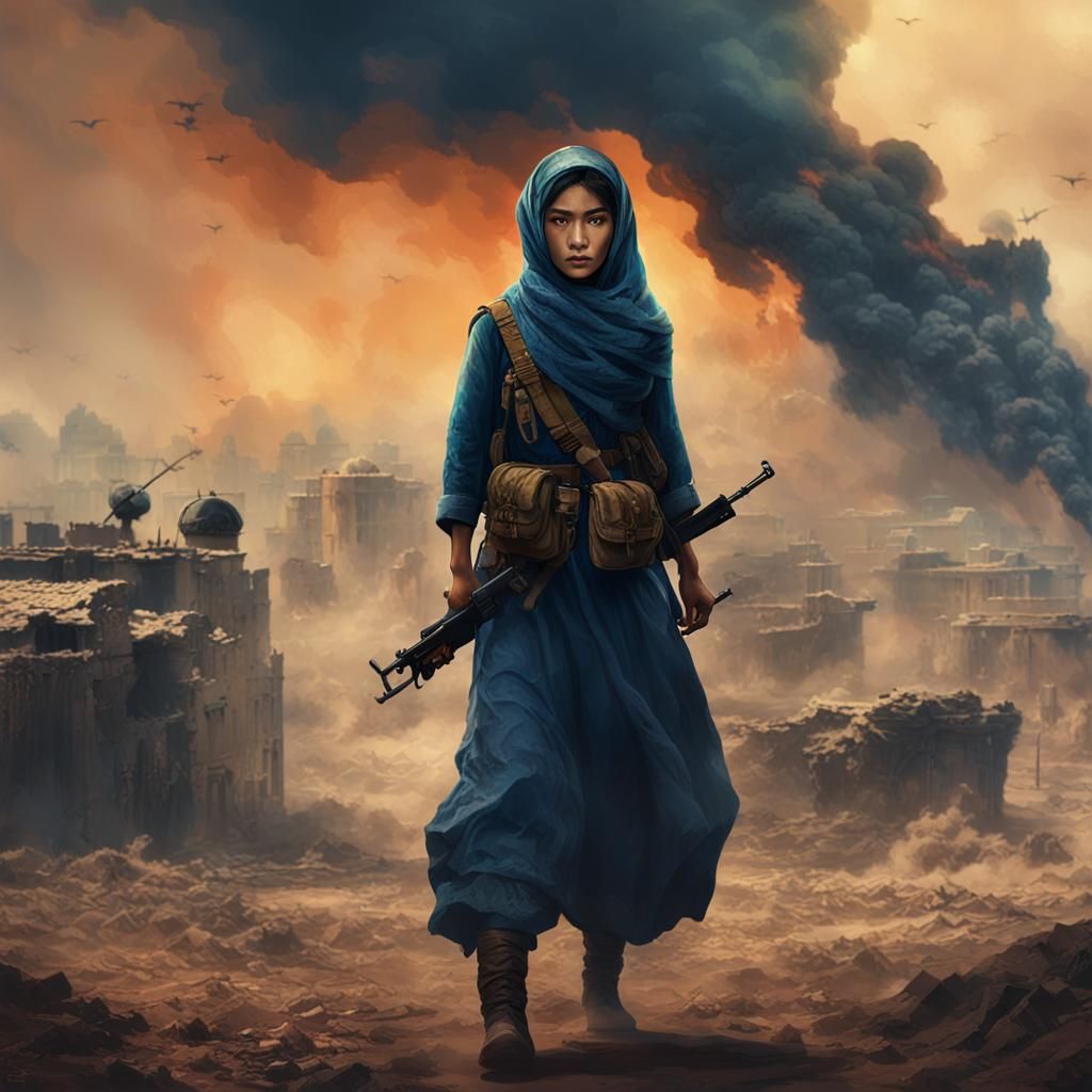Uzbek Woman on War-Torn Front Line in Fantasy Style