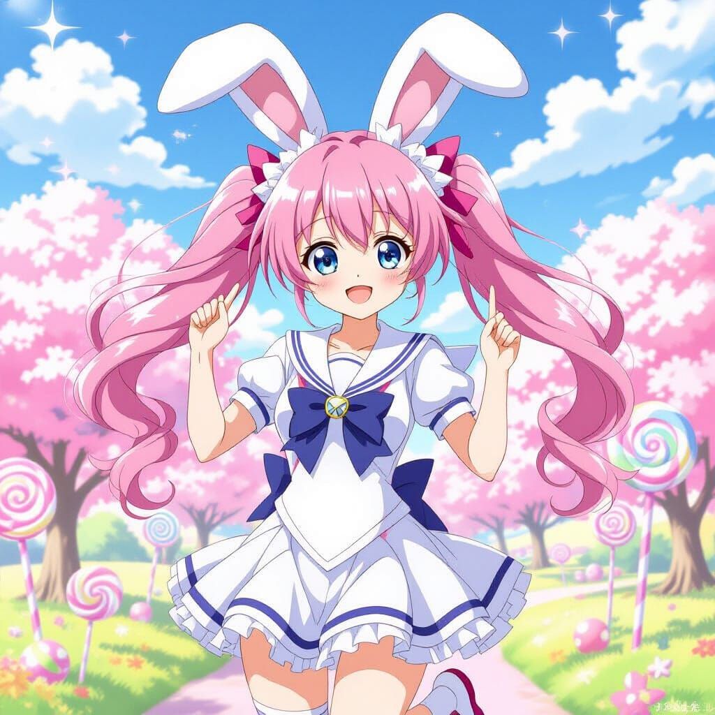 Cute Anime Girl With Bunny Ears in Fantasy World