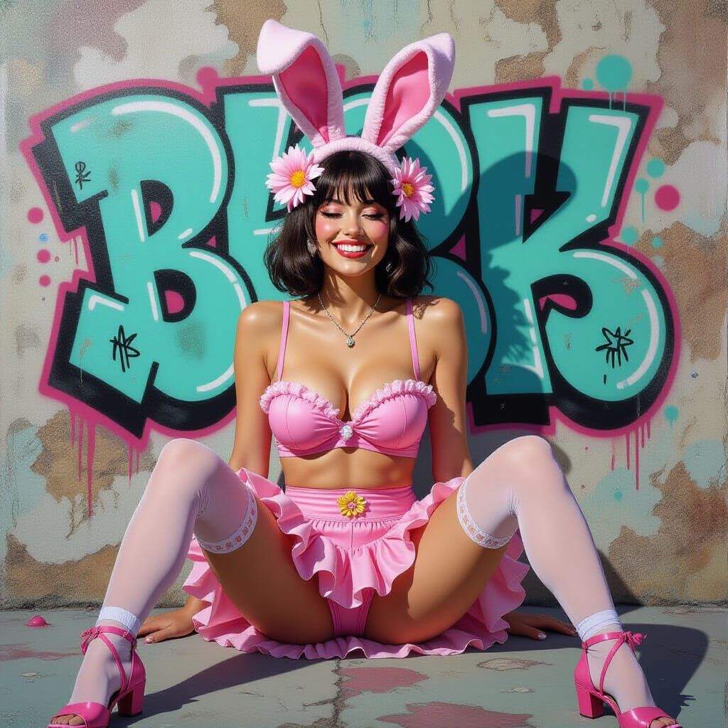 Woman in Bunny Costume with Datura Flowers, Graffiti Art