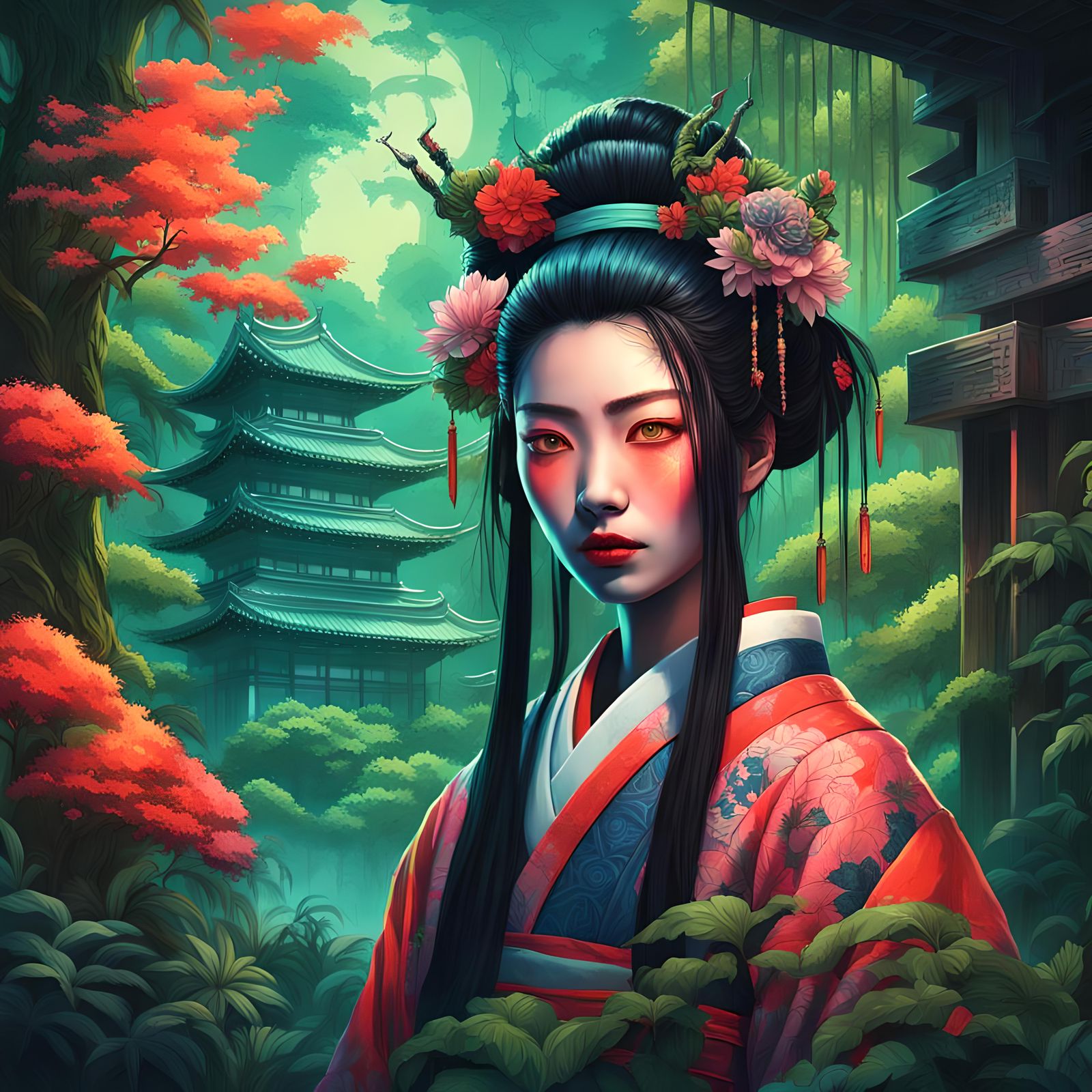 Geisha and Samurai in Neon Jungle Temple