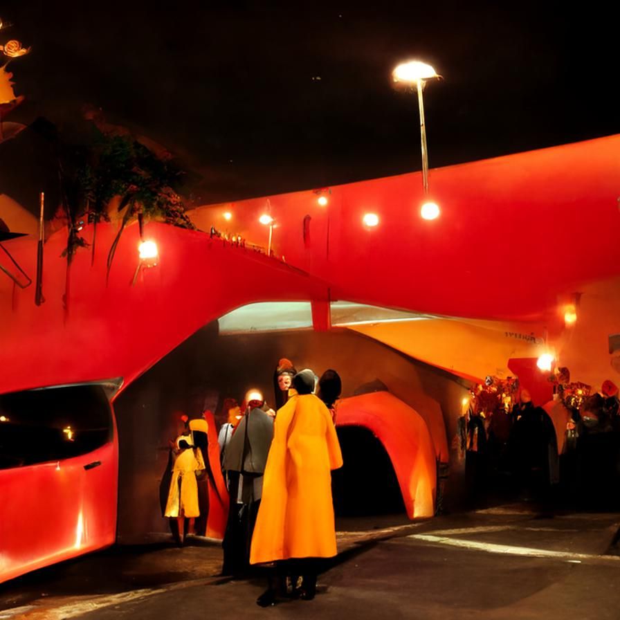 Retrofuturistic Scene: Cloaked Figures in a Glowing Underpas...