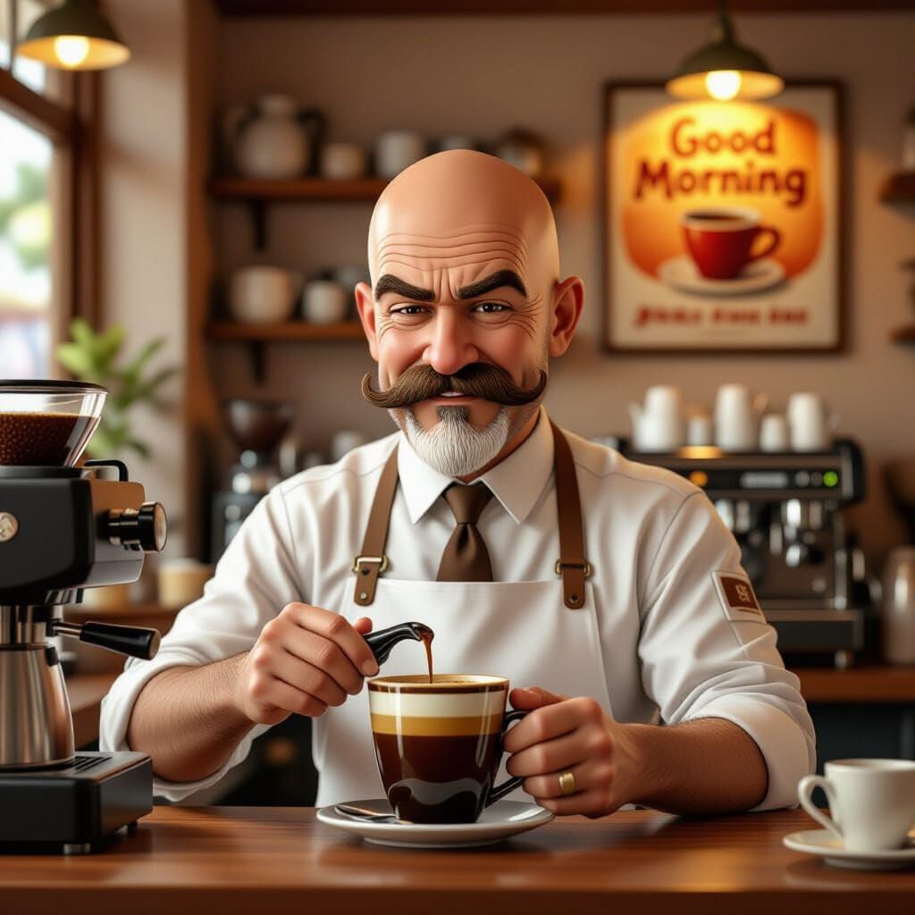 Grumpy Barista Brews Coffee: Hyperrealistic CGI Portrait