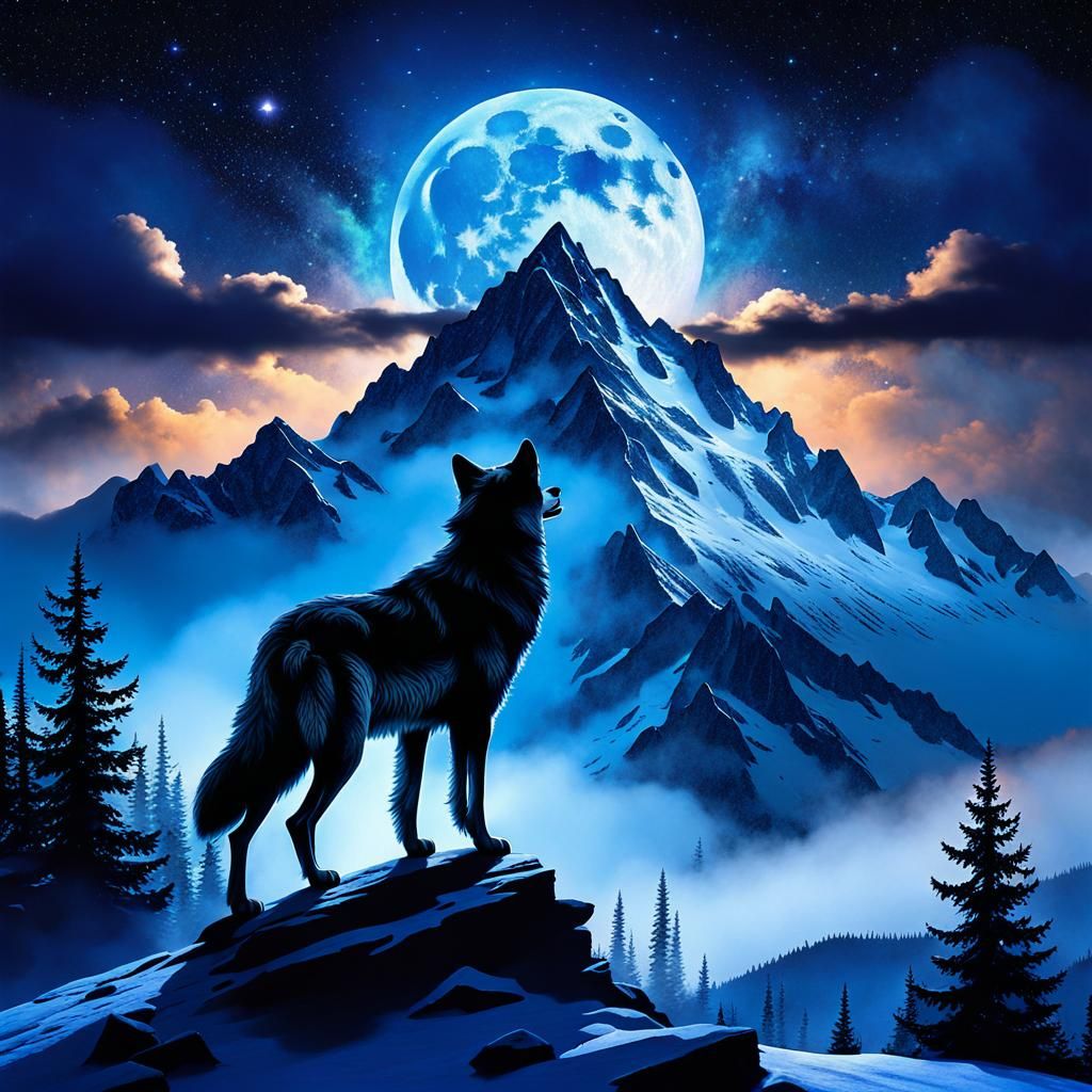 Silver Wolf Silhouette Under Starry Moonlit Sky