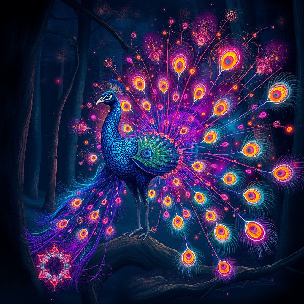 Fantastical Glowing Peacock in Forest Night