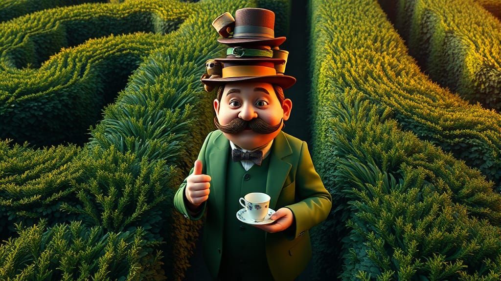 Quirky Man with Hats in Vibrant Hedge Maze