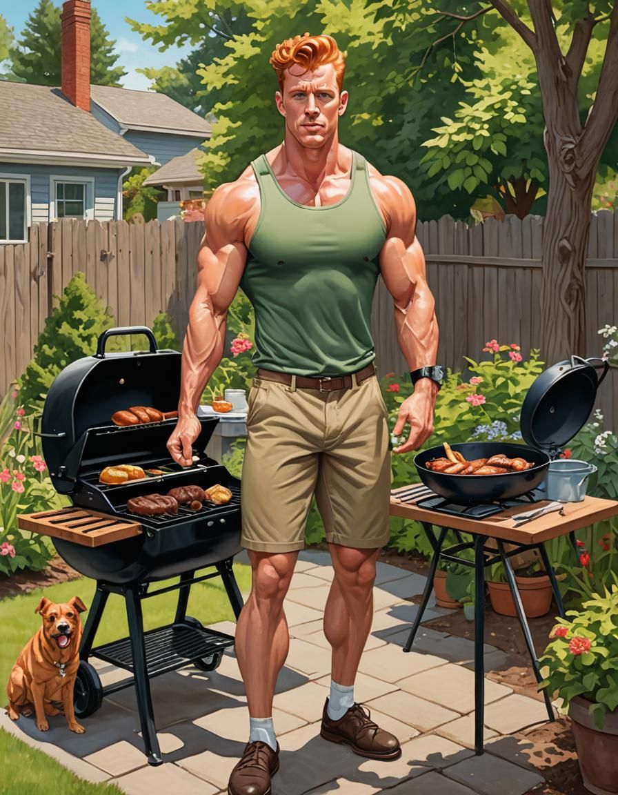 Hyper-Muscular Bodybuilder Grilling in Pinup Illustration