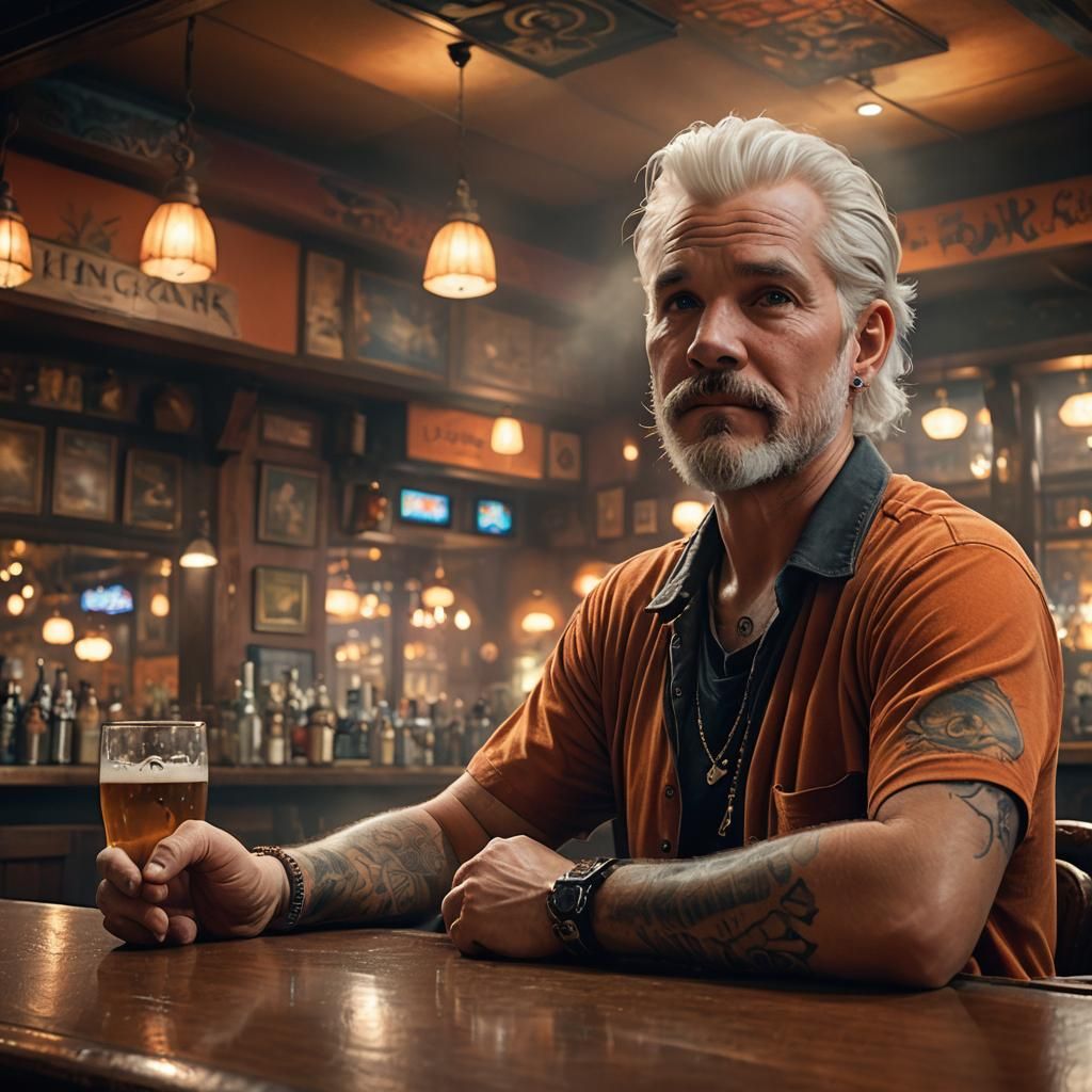 Man in Dimly Lit Bar with Golden Lighting
