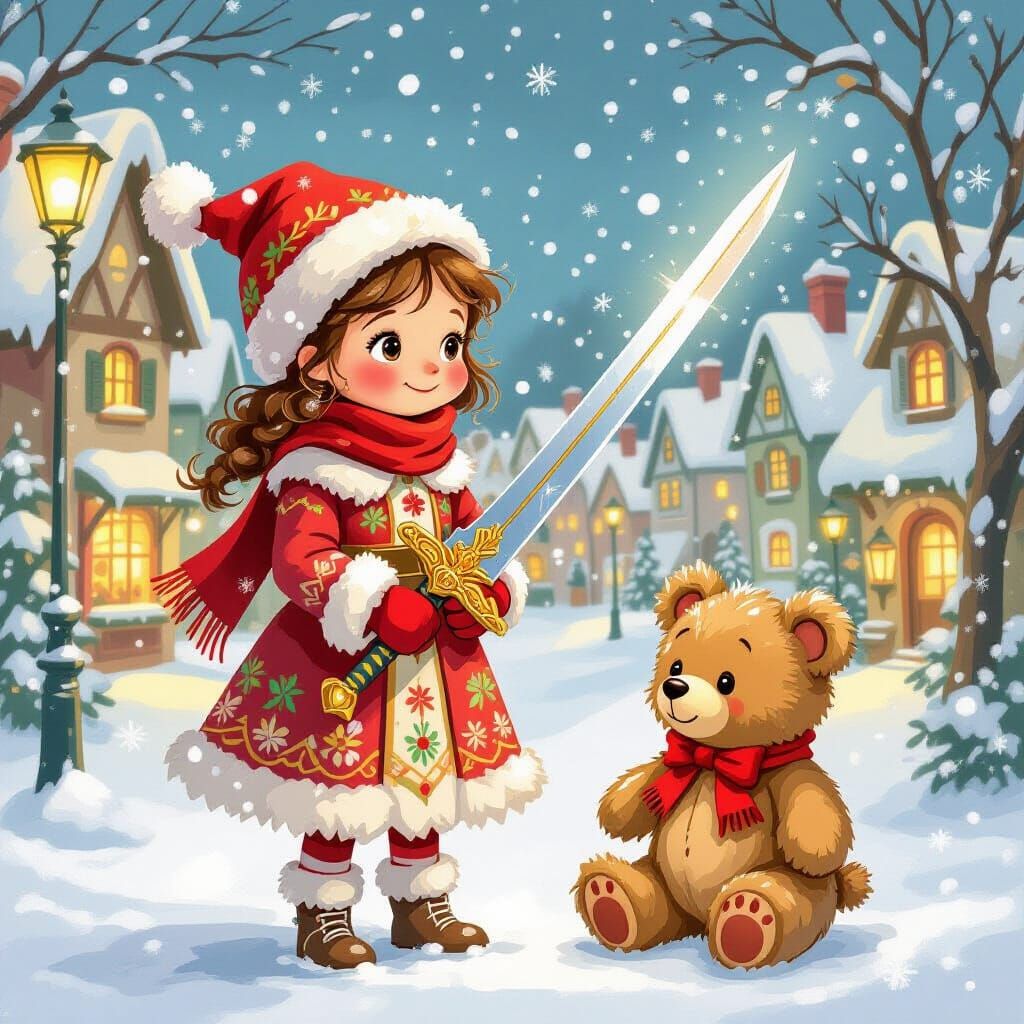 Girl in Festive Village Square with Ornate Sword