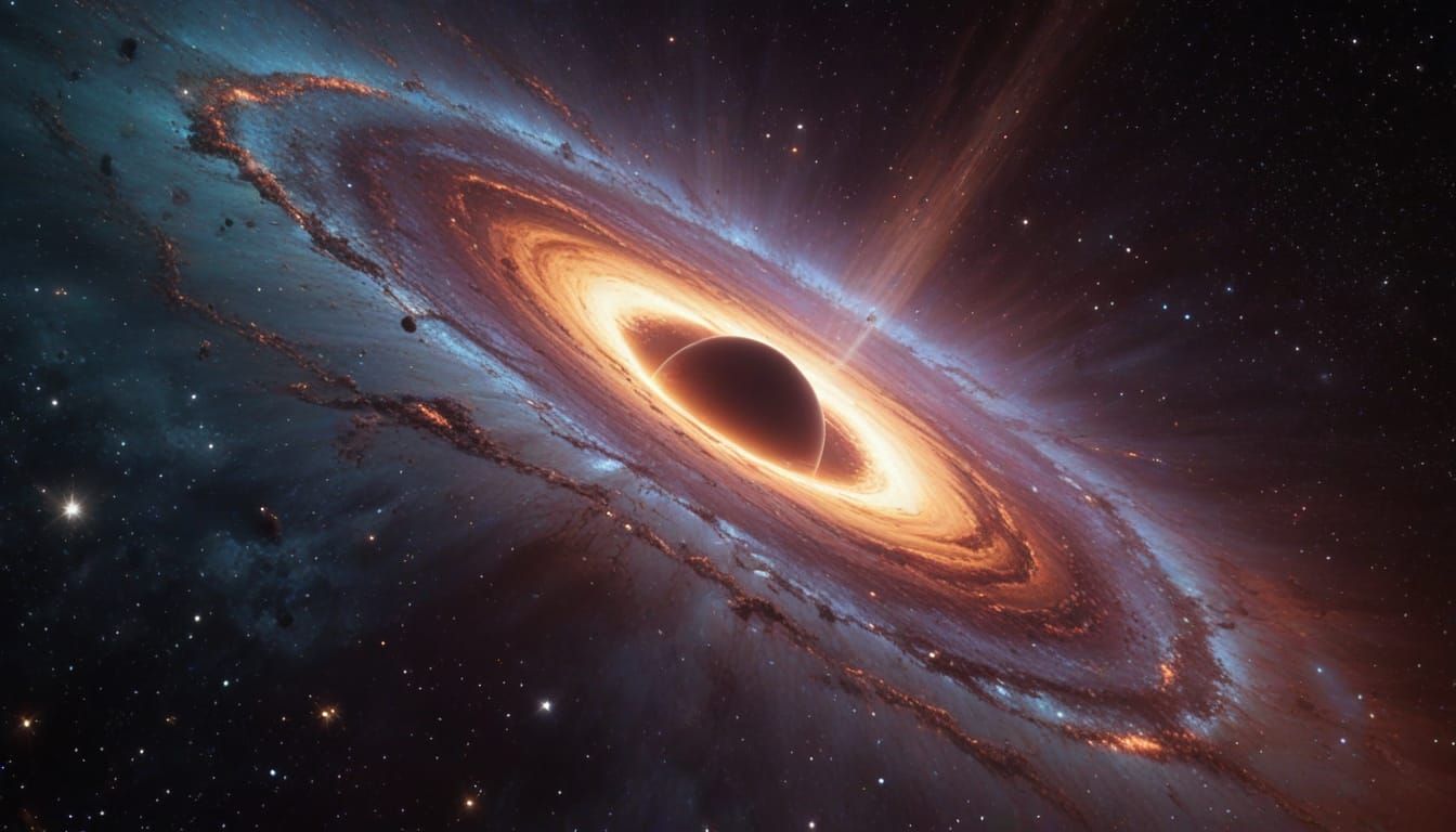 A large galaxy with a black hole inside in the middle of the vast emptiness of space