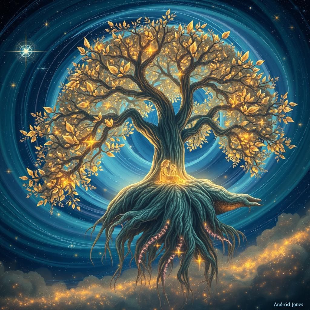 Cosmic Willow Tree with Hobbits in Astral Sky