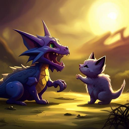 Kitten and Dragon Friendship in Dark Fantasy Style