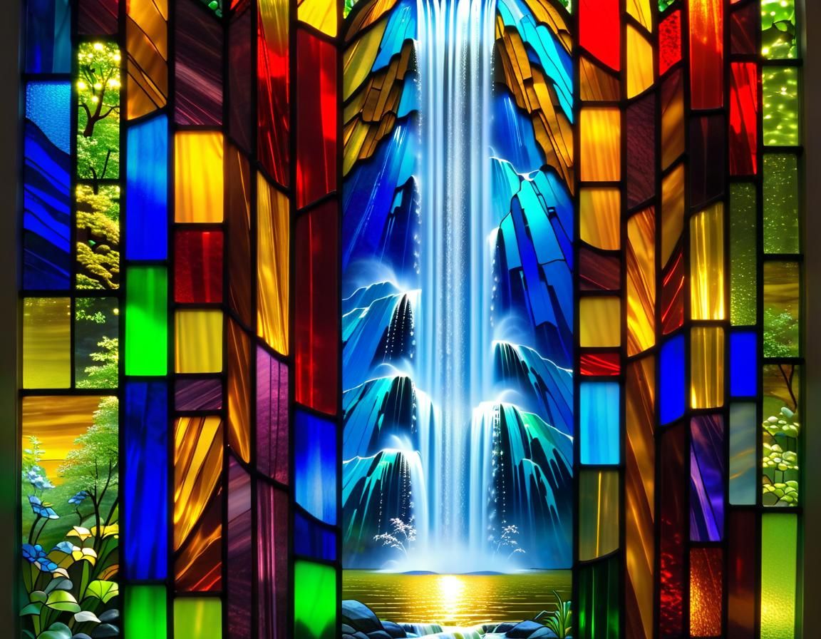 Stained Glass Waterfall: Geometric and Symmetrical Design