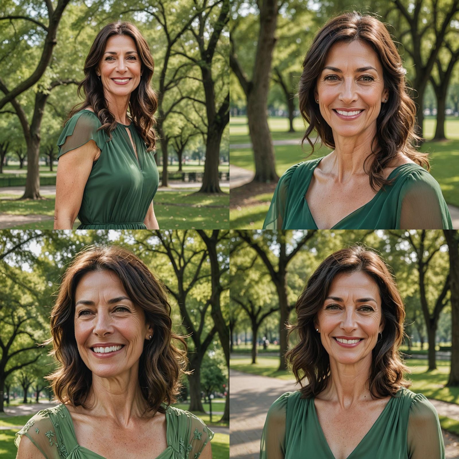 Brunette Woman with Hazel Eyes Smiling in Park