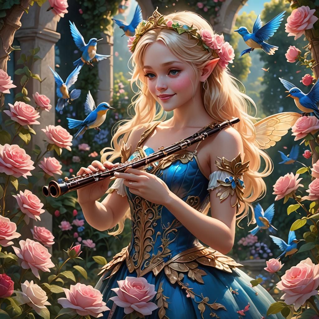 Blond Fairy Plays Flute in Rose Garden