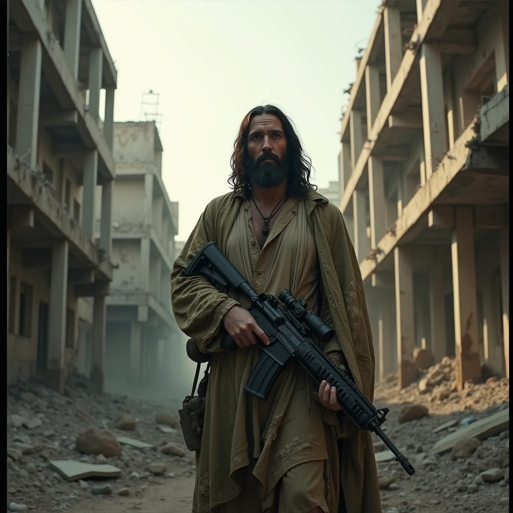 Gritty Jesus as Soldier in War-Torn Battlefield