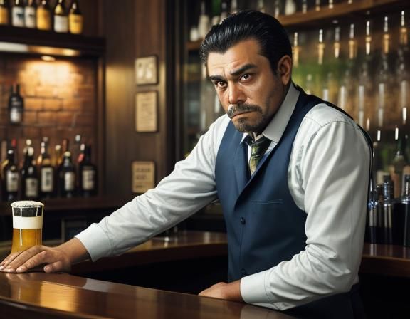 Sad Man at Bar with Bartender Pouring Beer