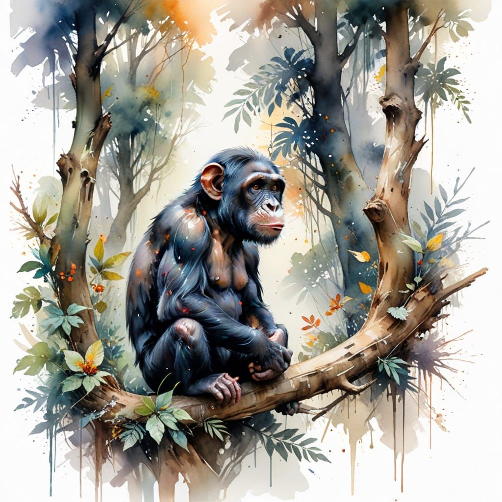 Wise Chimpanzee Contemplating Forest Canopy