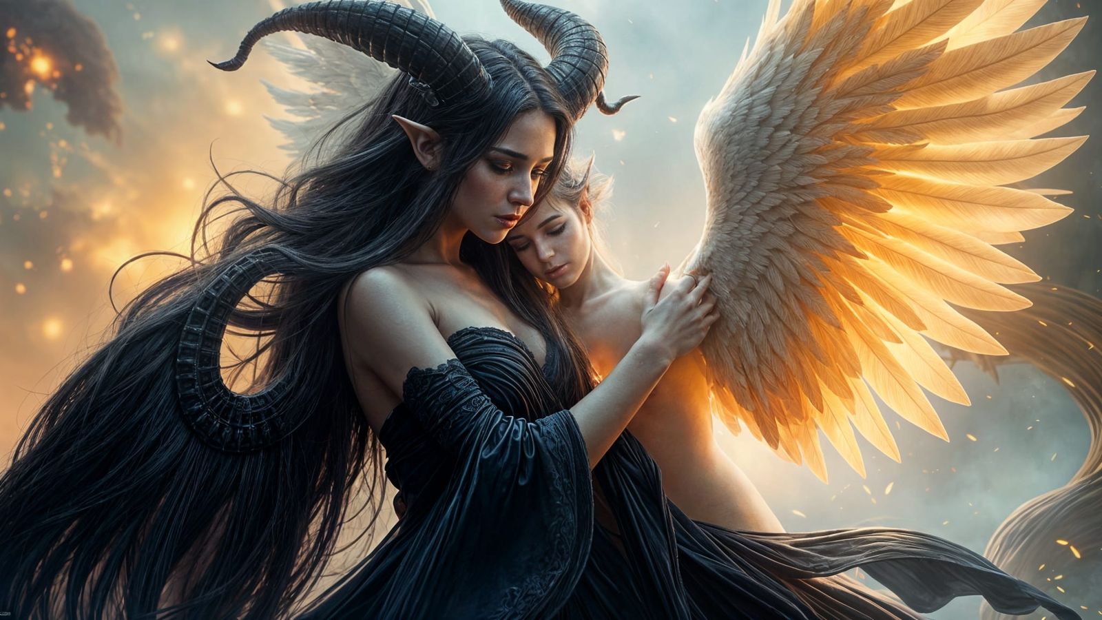Demoness and Angel Embrace in Ethereal Landscape