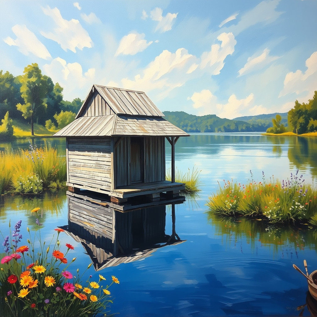Fishing Hut Reflection: Impressionist Oil Painting