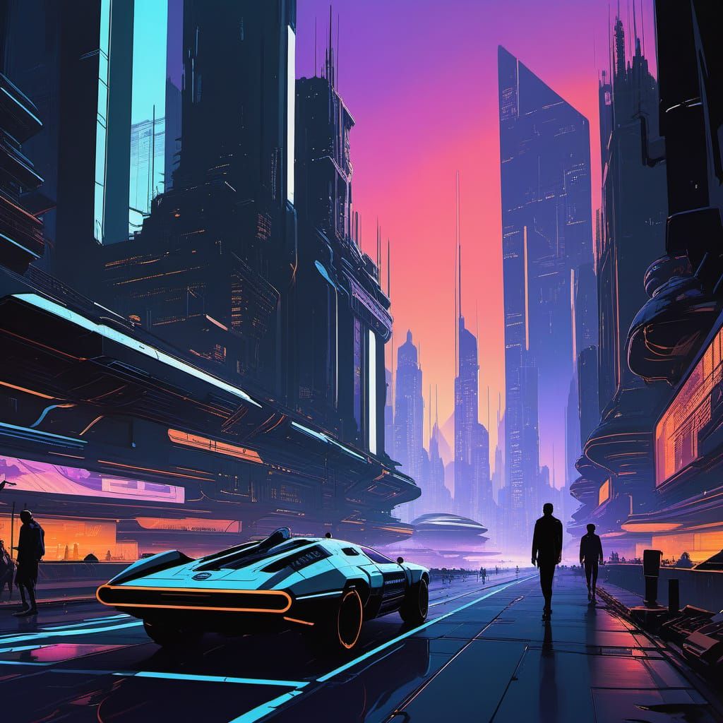 Cyberpunk Cityscape at Dusk in Syd Mead Style