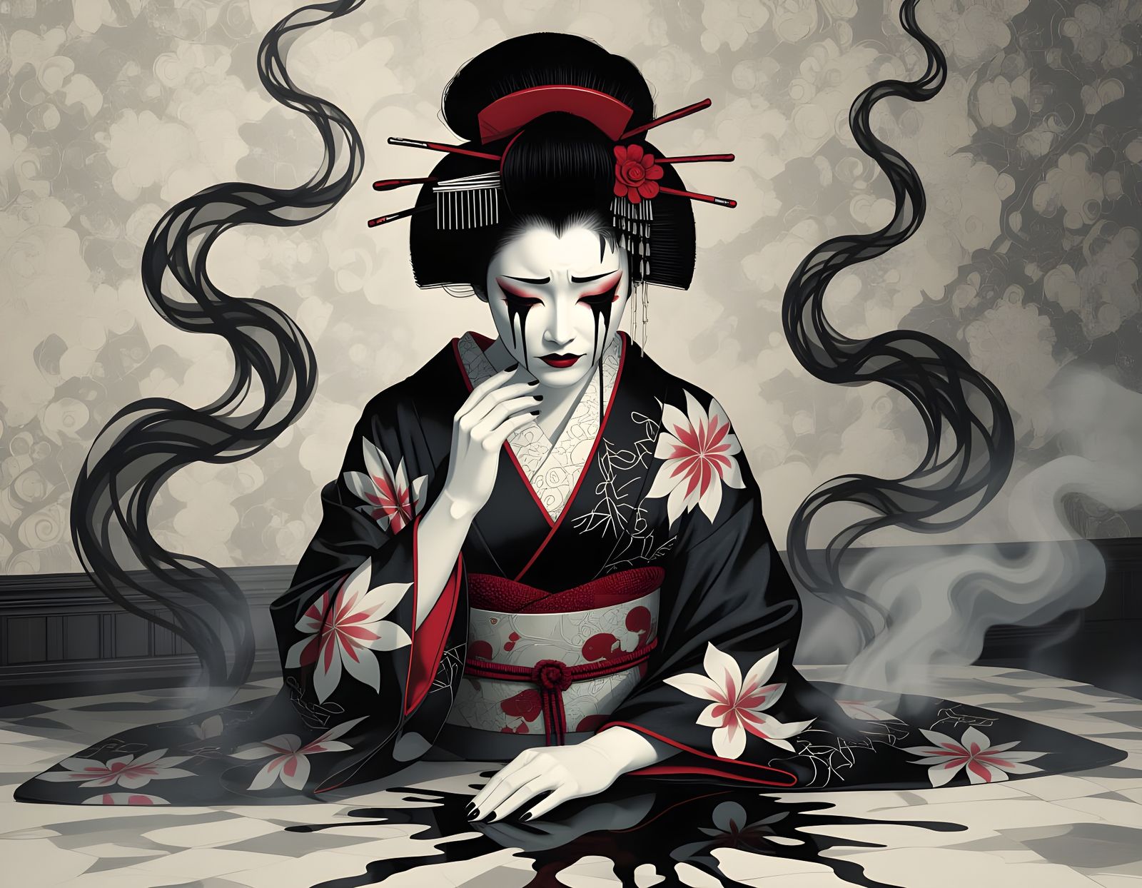 Spectral Geisha Weeps Ink in Gothic Opium Den